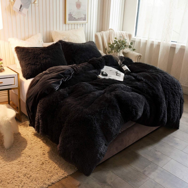 XeGe Plush Shaggy Duvet Cover, Luxury Ultra Soft Crystal Velvet Fuzzy Bedding 1PC(1 Faux Fur Duvet Cover), Fluffy Furry Comforter Cover for Bedroom Home Decoration, Zipper Closure(Twin, Black) - Image 1